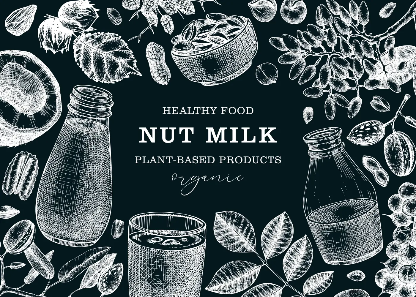 Nut milk, banner design. Pistachio, pecan, walnut, coconut, hazelnut, nut background. Print template for vegan food, healthy drink, dairy products. Vector illustration on chalkboard in sketch style Illustration